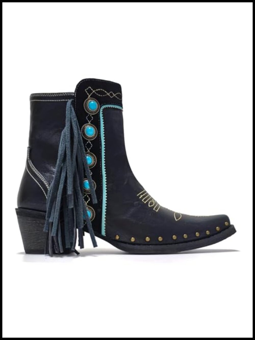 Western Fringe Studded Ankle Booties Turquoise Stone Embellished Cowgirl Block